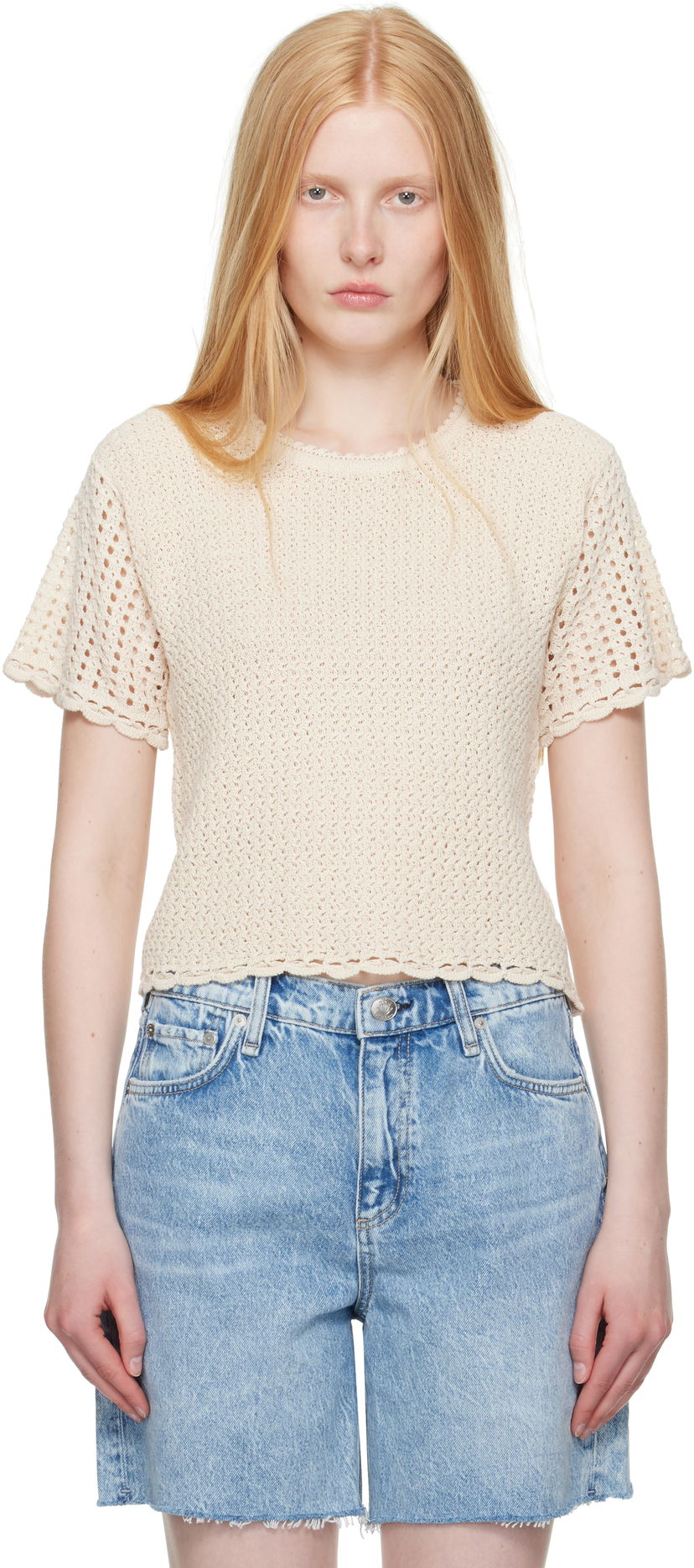 Majica rag & bone rag & bone Khloe Open Knit Short Sleeve T-shirt Bež | WAS25P016BR16