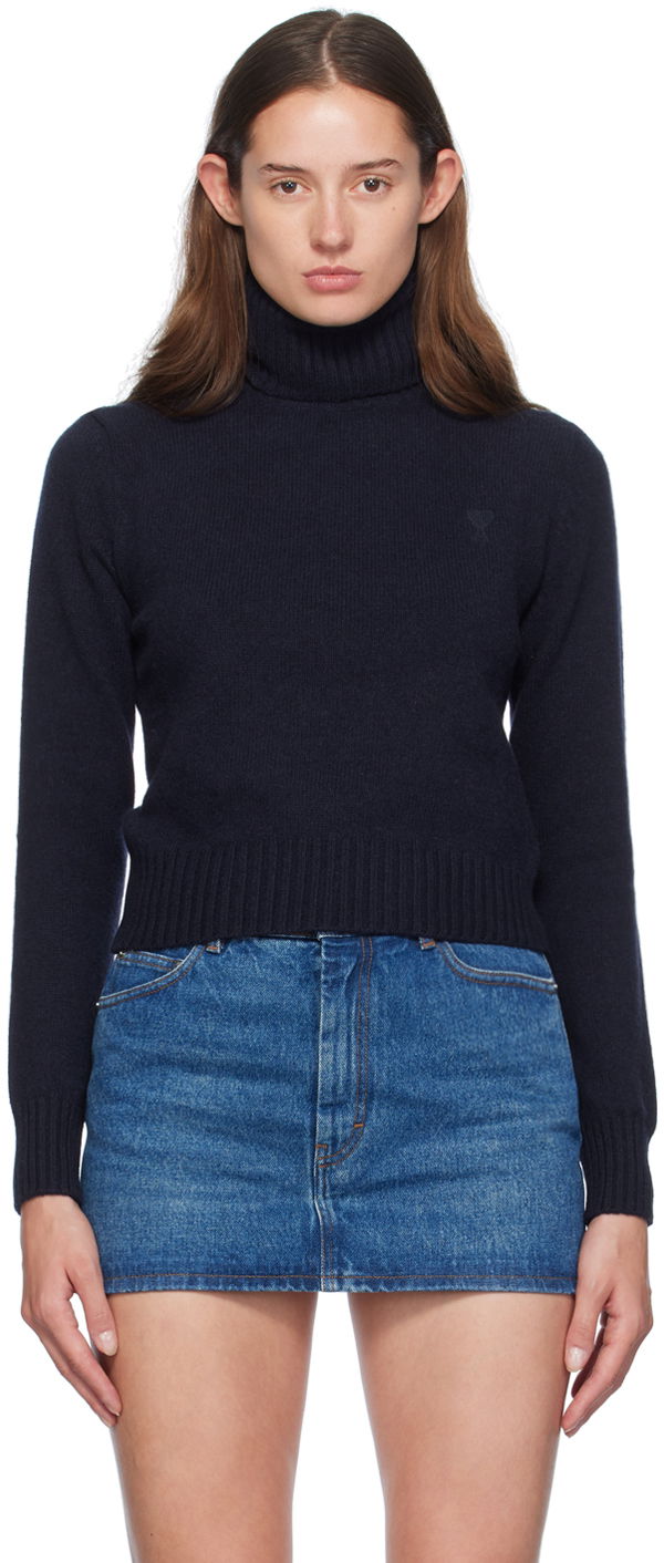 Pleteni pulover AMI Paris Navy Cashmere de Cœur Turtleneck Črna | FKS457.005