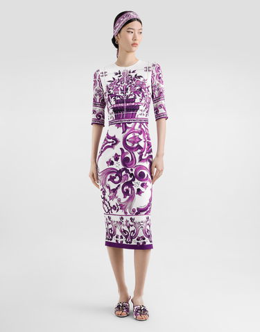 Obleke Dolce & Gabbana Dolce & Gabbana Majolica Print Charmeuse Midi Dress Lila | F6EAJTHPAELIP3TN, 1