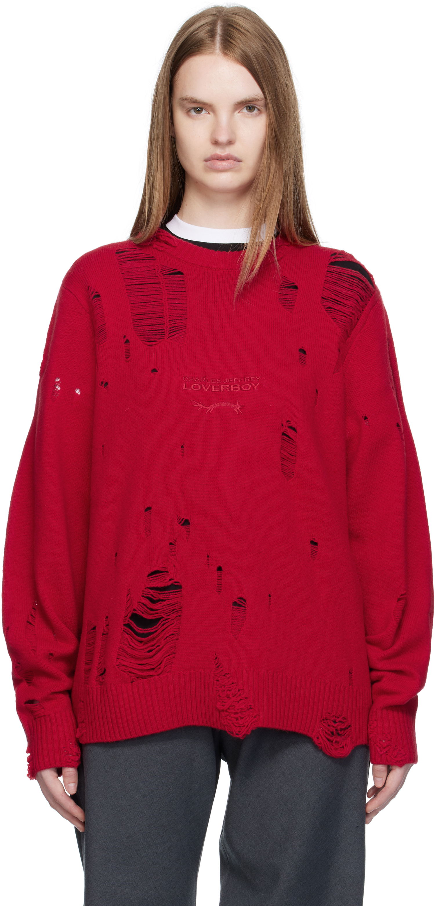 Pleteni pulover Charles Jeffrey Loverboy Charles Jeffrey LOVERBOY Distressed Logo Sweater Rdeča | 52090102, 0