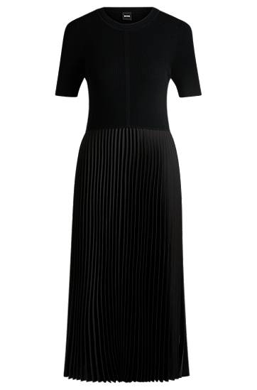 Obleke BOSS Knit Dress with Pleated Skirt Črna | 50535658