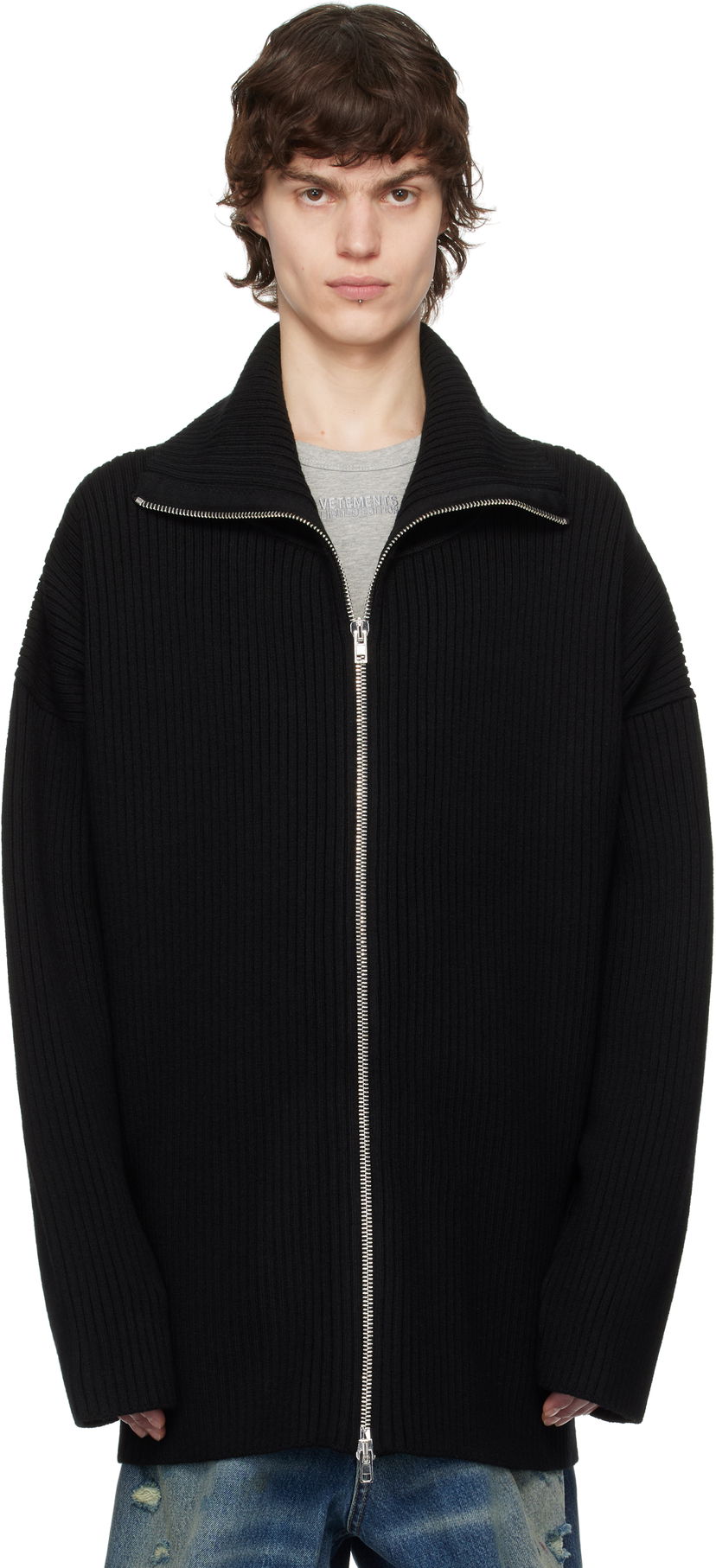Pleteni pulover VETEMENTS VETEMENTS Zip-Up Ribbed Knit Sweater Črna | UA66KN170B