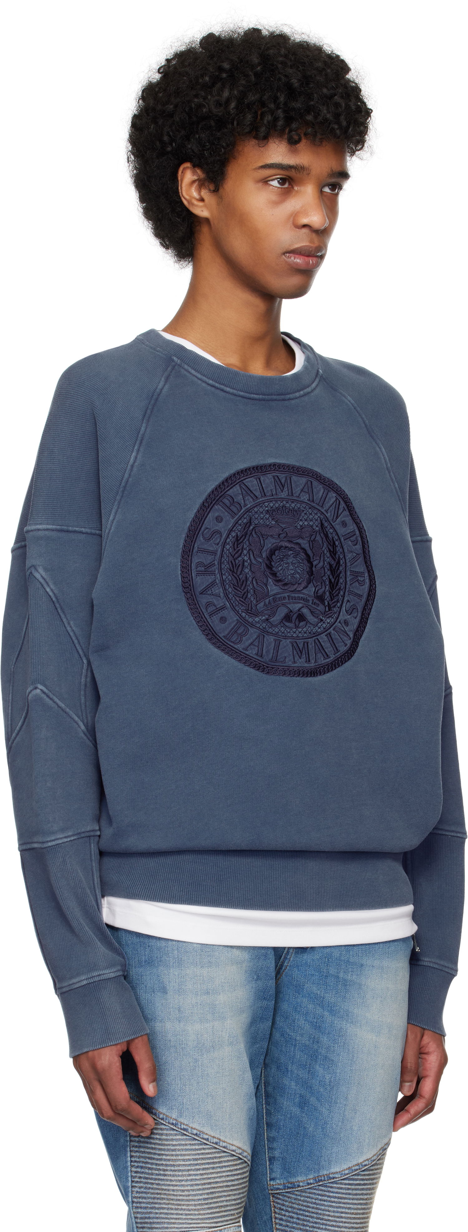 Pleteni pulover Balmain Balmain Ribbed Coin Embroidery Sweatshirt Modra | EH1JS007BC89, 1