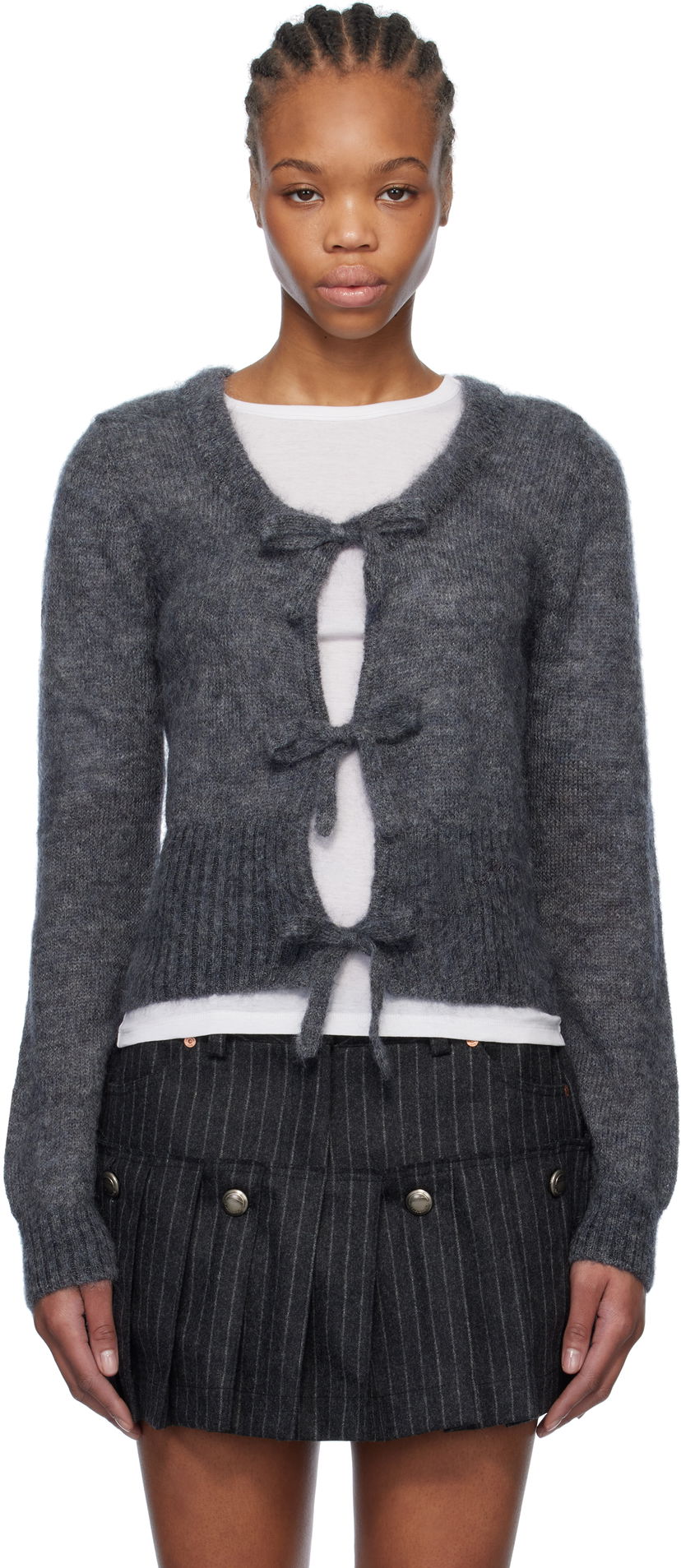 Pleteni pulover GANNI GANNI Light Mohair Tie Cardigan Siva | K2411
