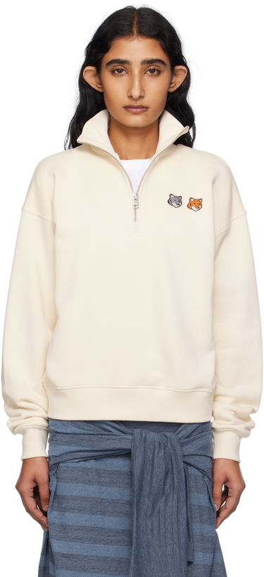 Pulover MAISON KITSUNÉ Maison Kitsuné Double Fox Head Half Zip Sweatshirt Bež | OW211CFKM0321, 0