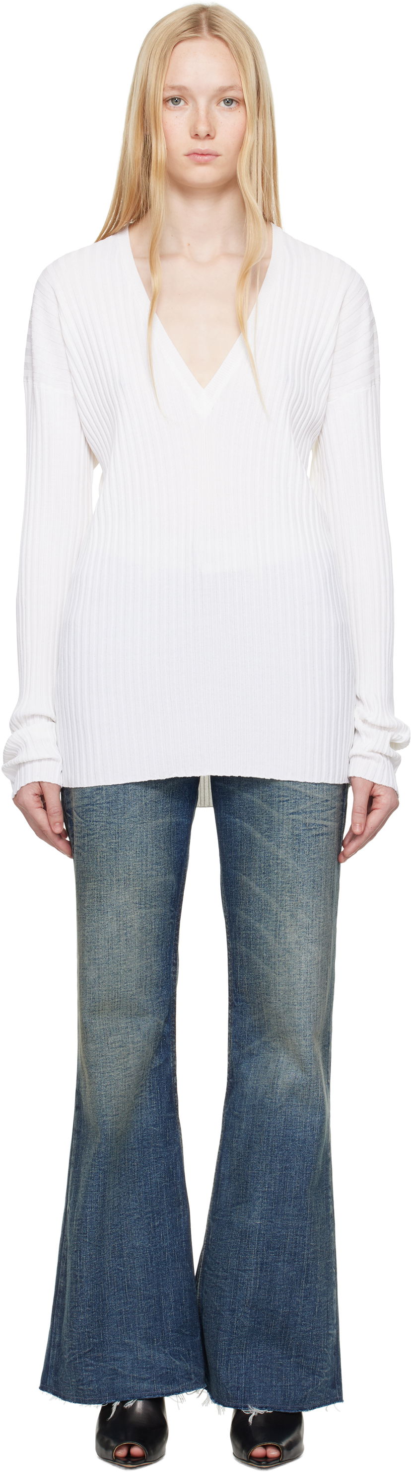 Pleteni pulover Maison Margiela MM6 Maison Margiela Slouchy Ribbed V-Neck Sweater Bela | S62DA0050 M13125