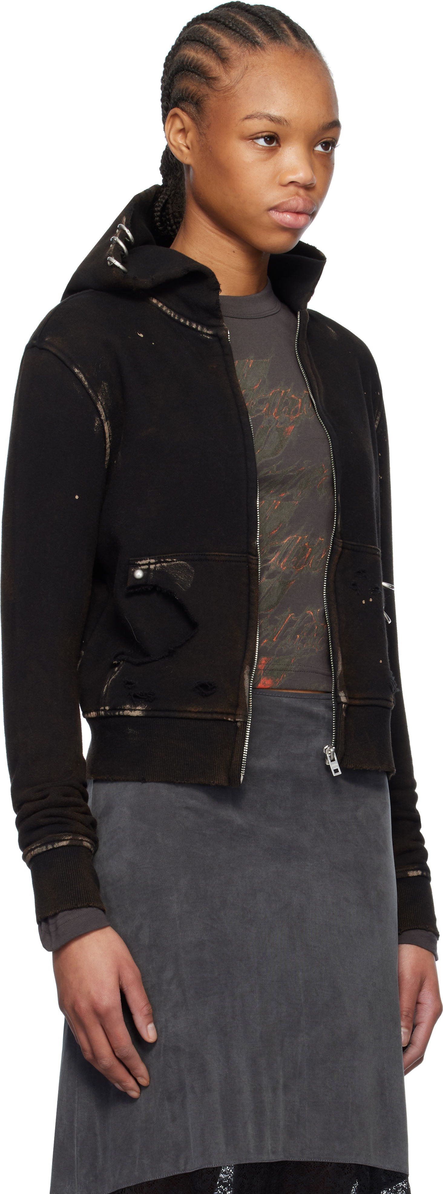 Pulover We11done We11done Pierced Zip-Up Hoodie Črna | WD-TJ0-25-821-U-BK, 1