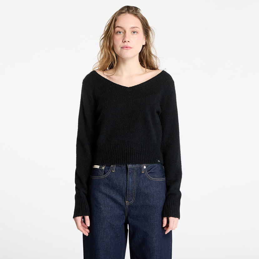 Pleteni pulover CALVIN KLEIN Calvin Klein Jeans Fluffy Yarn V-Neck Sweater Črna | J20J224801 BEH