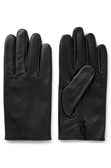 Rokavice BOSS Grained-leather gloves with full lining and lasered logo Črna | 50526831
