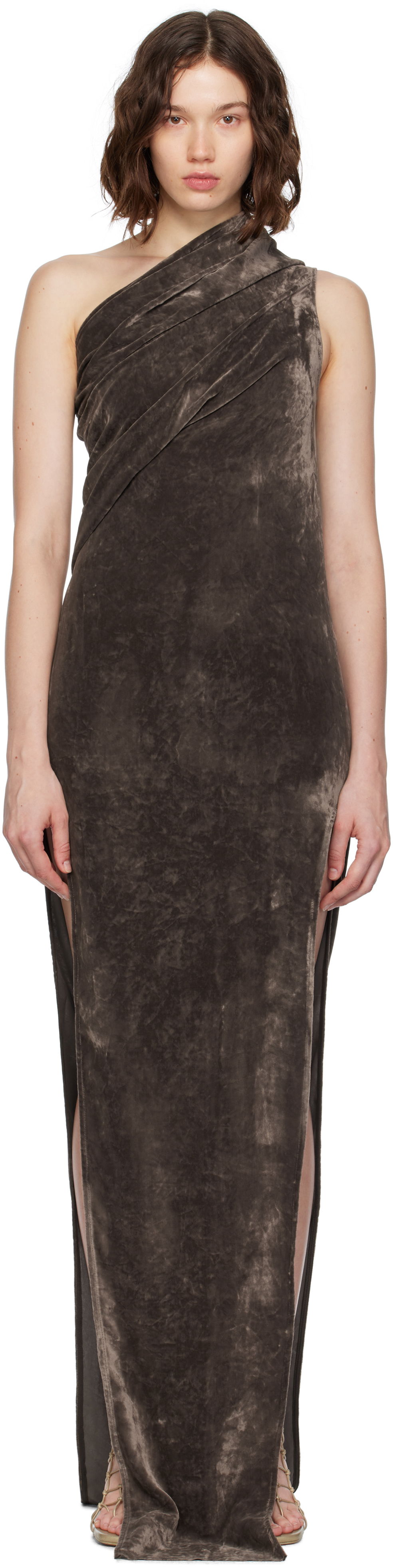 Obleke Rick Owens Rick Owens Athena Arrowhead One-Shoulder Maxi Dress Rjava | RP02E4509 V, 0