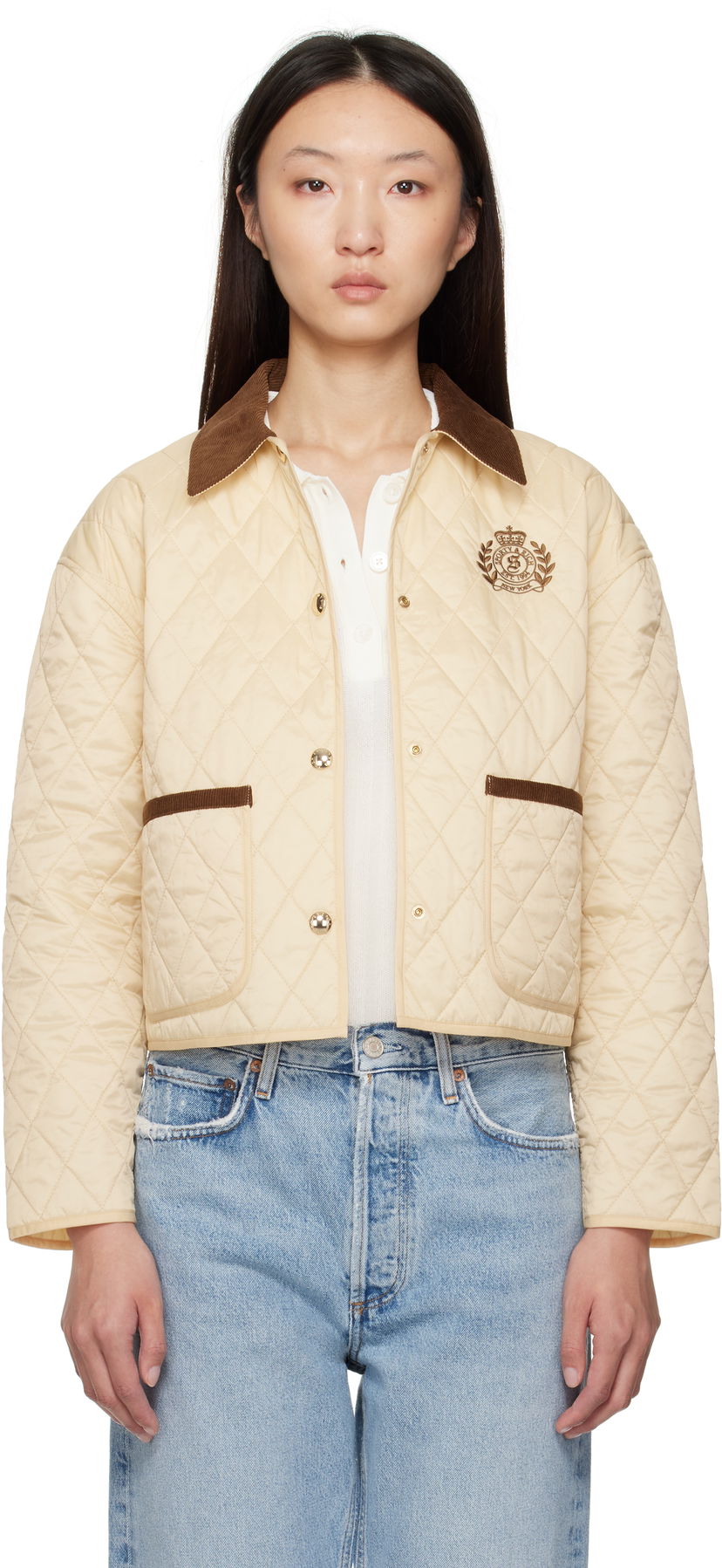 Jakna Sporty & Rich Sporty & Rich H&W Crest Cropped Quilted Jacket Bež | OW027620241CR01