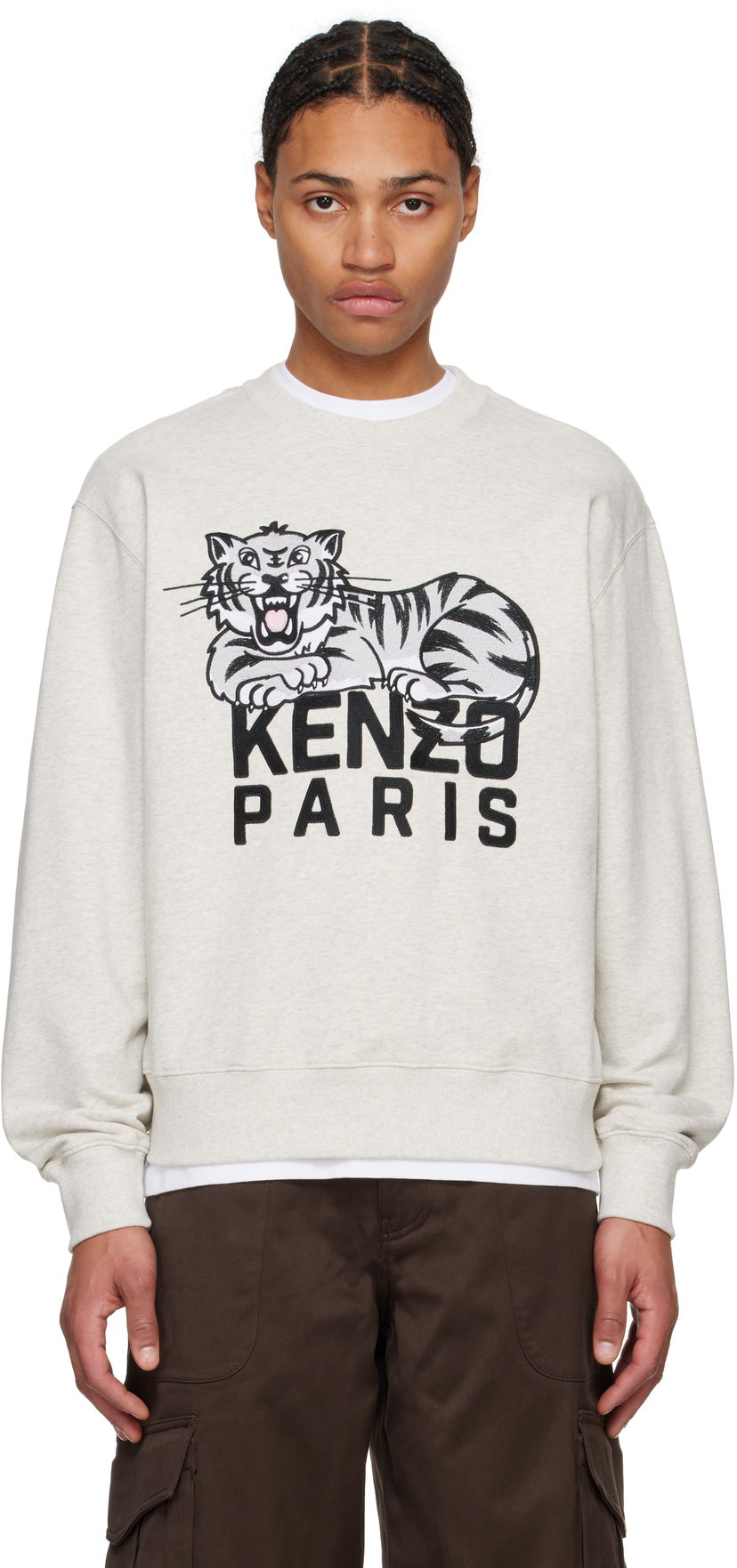 Pulover KENZO Happy Tiger Embroidered Sweatshirt Bež | FF55SW2634MF