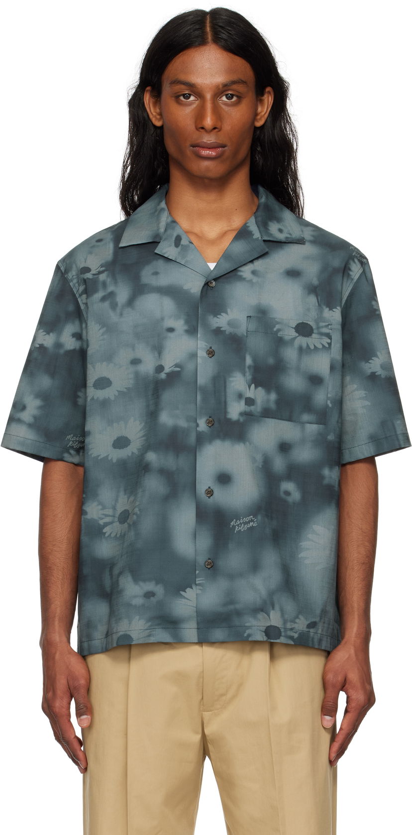 Srajce MAISON KITSUNÉ Maison Kitsuné Resort Daisy Print Shirt Modra | OM00421WW9054
