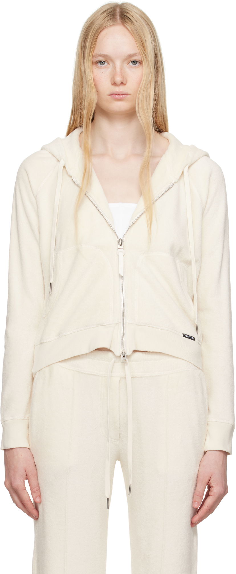 Pulover Tom Ford TOM FORD Terrycloth Zip-Up Hoodie Bela | FLJ062-FAX830