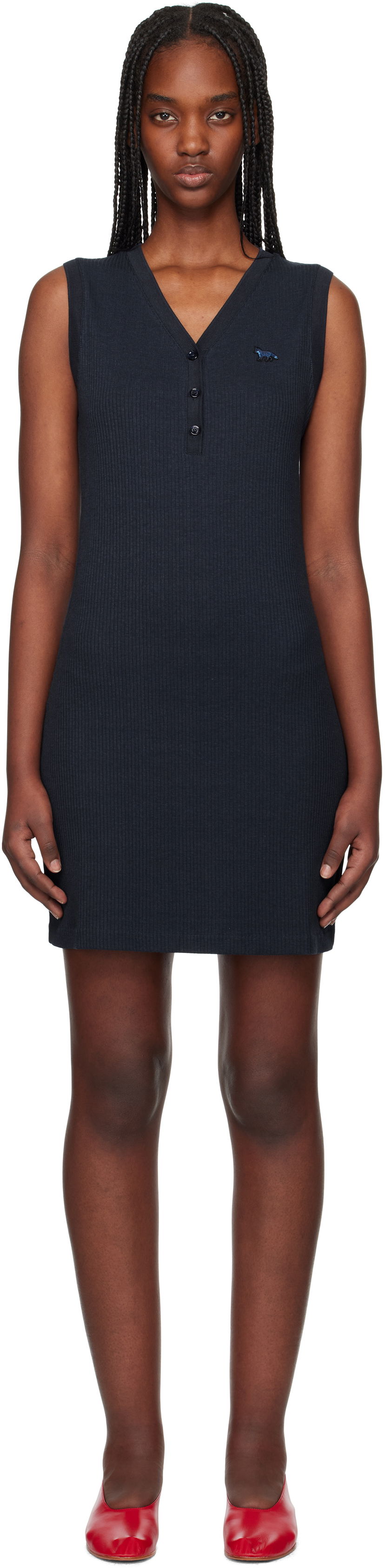 Obleke MAISON KITSUNÉ Maison Kitsuné Baby Fox Patch Ribbed Minidress Mornarica | OW01618KJ0134