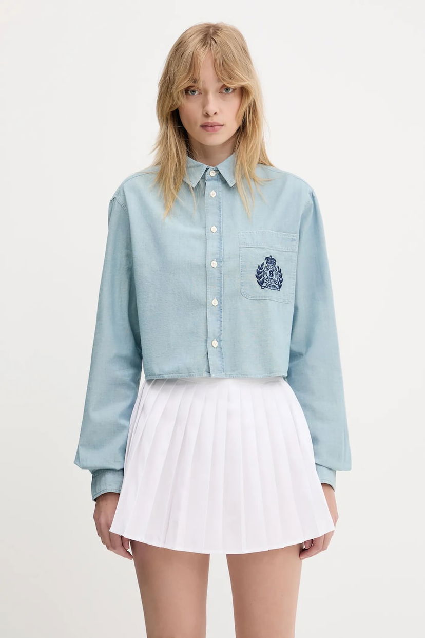 Srajce Sporty & Rich Sporty & Rich H&W Crest Cropped Chambray Relaxed Fit Shirt Modra | SI024612241BL09