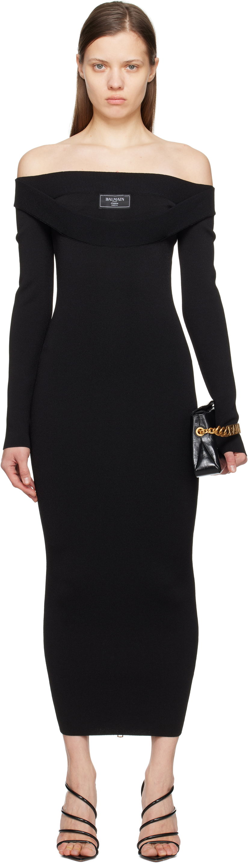 Obleke Balmain Balmain Plain Knit Off-The-Shoulder Maxi Dress Črna | EF1RL109KH82