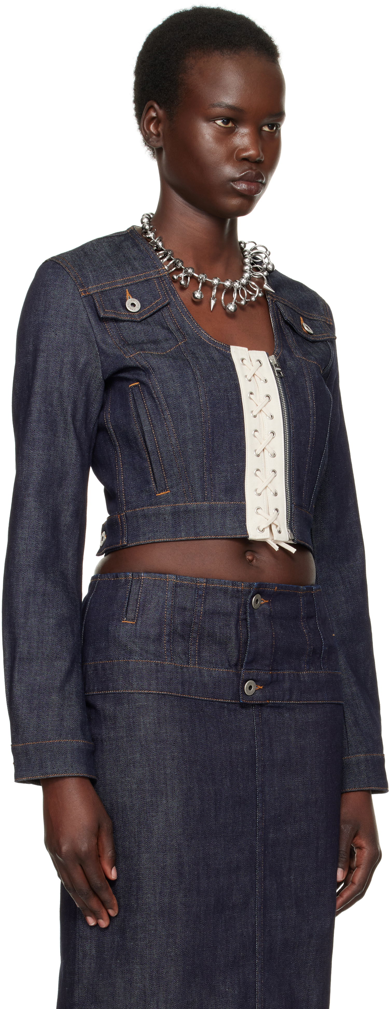 Jakna Jean Paul Gaultier Jean Paul Gaultier 'The Contrasting Lace-Up' Cropped Denim Jacket Modra | 25/33-F-VE085-D019-5568, 1