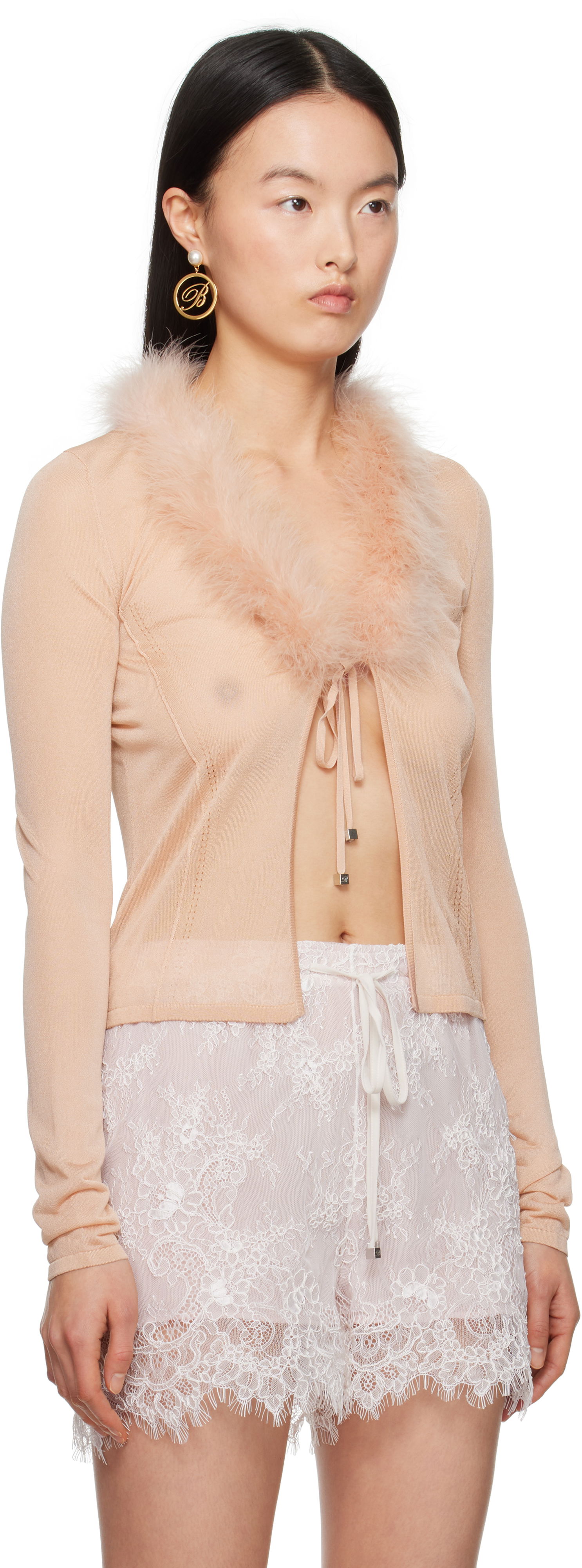 Pleteni pulover Blumarine Blumarine Feather Trim Knit Cardigan Roza | P522M558A, 1