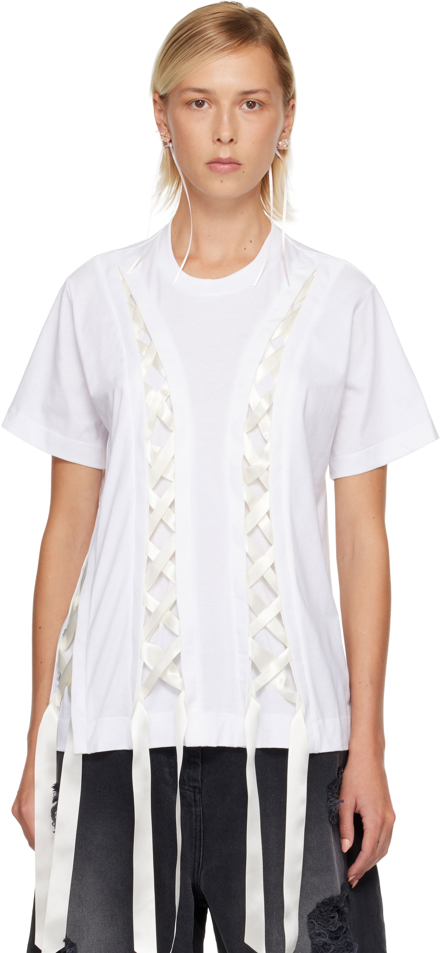Majica Simone Rocha Simone Rocha Unraveling Ribbon T-shirt Bela | 5368 0553, 0