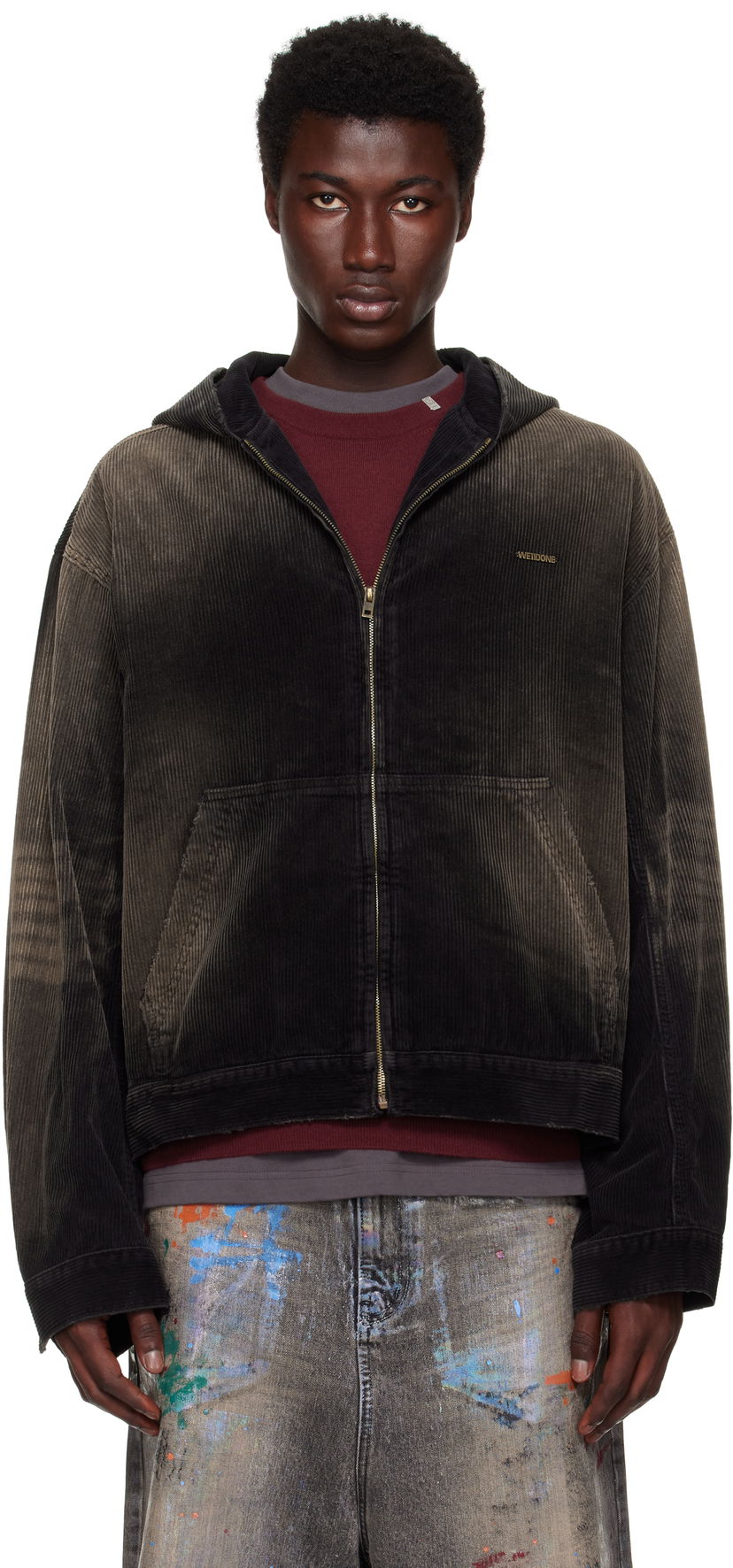 Jakna We11done We11done Vintage Wash Corduroy Zip-Up Hoodie Črna | WD-DJ2-25-318-U-BK