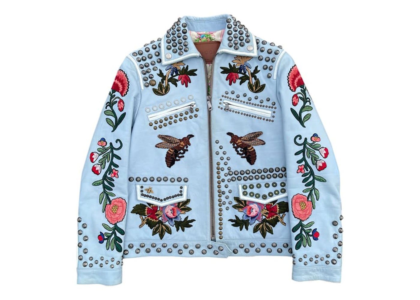Jakna Gucci Floral Embroidered Leather Jacket Modra | 419638 XG170, 0