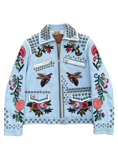Jakna Gucci Floral Embroidered Leather Jacket Modra | 419638 XG170