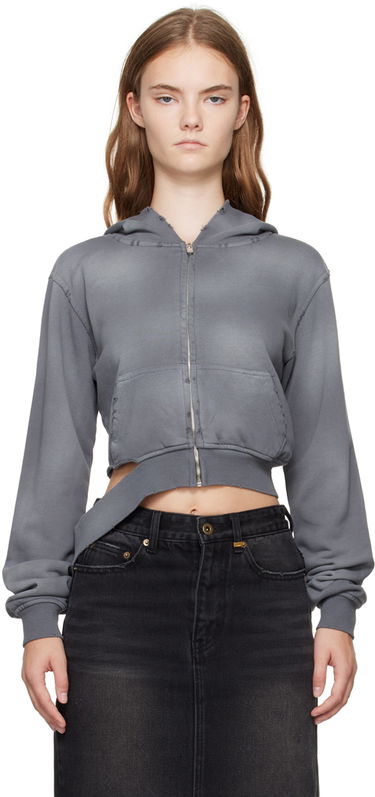 Pulover We11done We11done Distressed Zip-Up Cropped Hoodie Siva | WD-TJ2-24-808-W-CH, 0