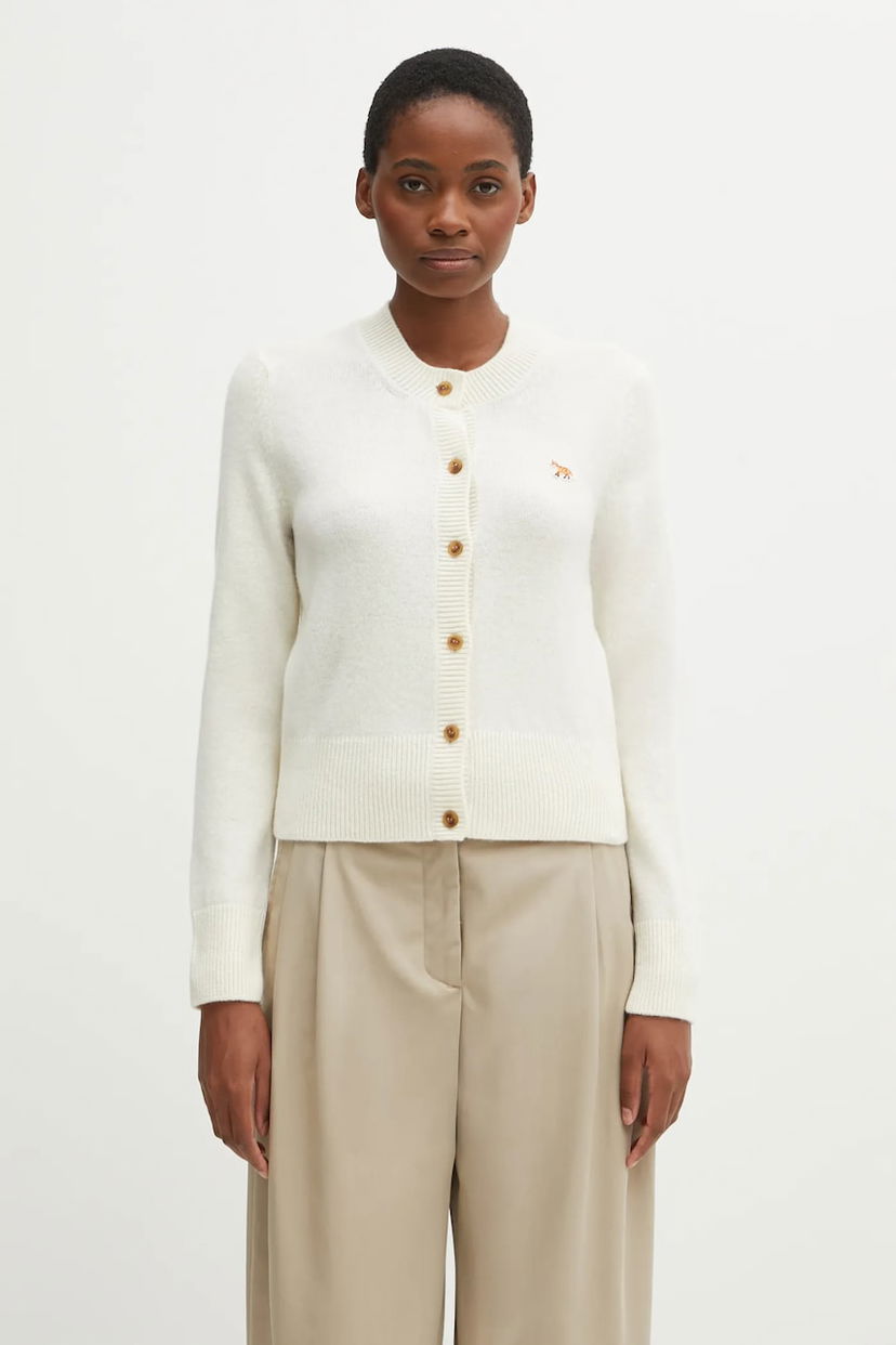 Pleteni pulover MAISON KITSUNÉ Fitted Lambswool Round-Neck Cardigan with Baby Fox Embroidery Bela | PW00506KT1006
