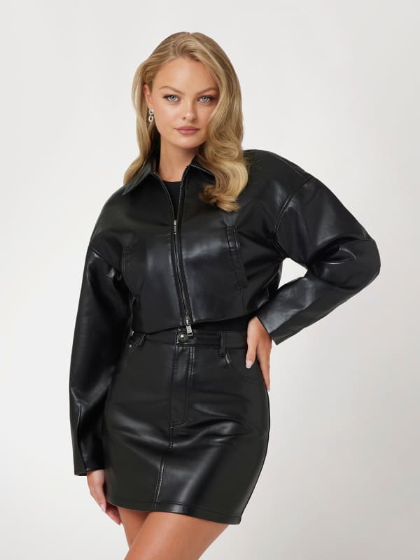 Bomber jakna GUESS Cropped Faux Leather Jacket Črna | W4PN68WF8P0
