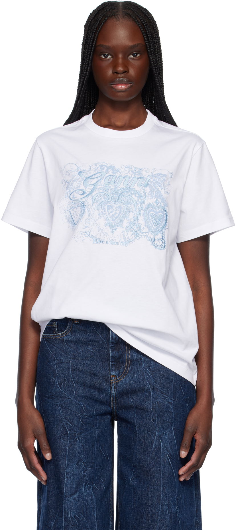 Majica GANNI GANNI Jersey Tattoo Lace T-Shirt Bela | T4158