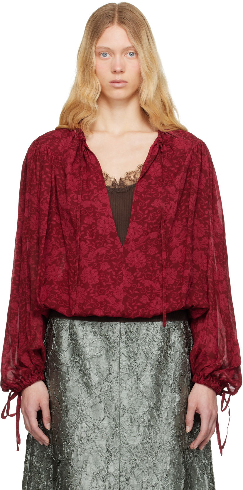 Srajce Dries Van Noten Dries Van Noten Floral Print Tie Neck Blouse Rdeča | 251-010711-1011