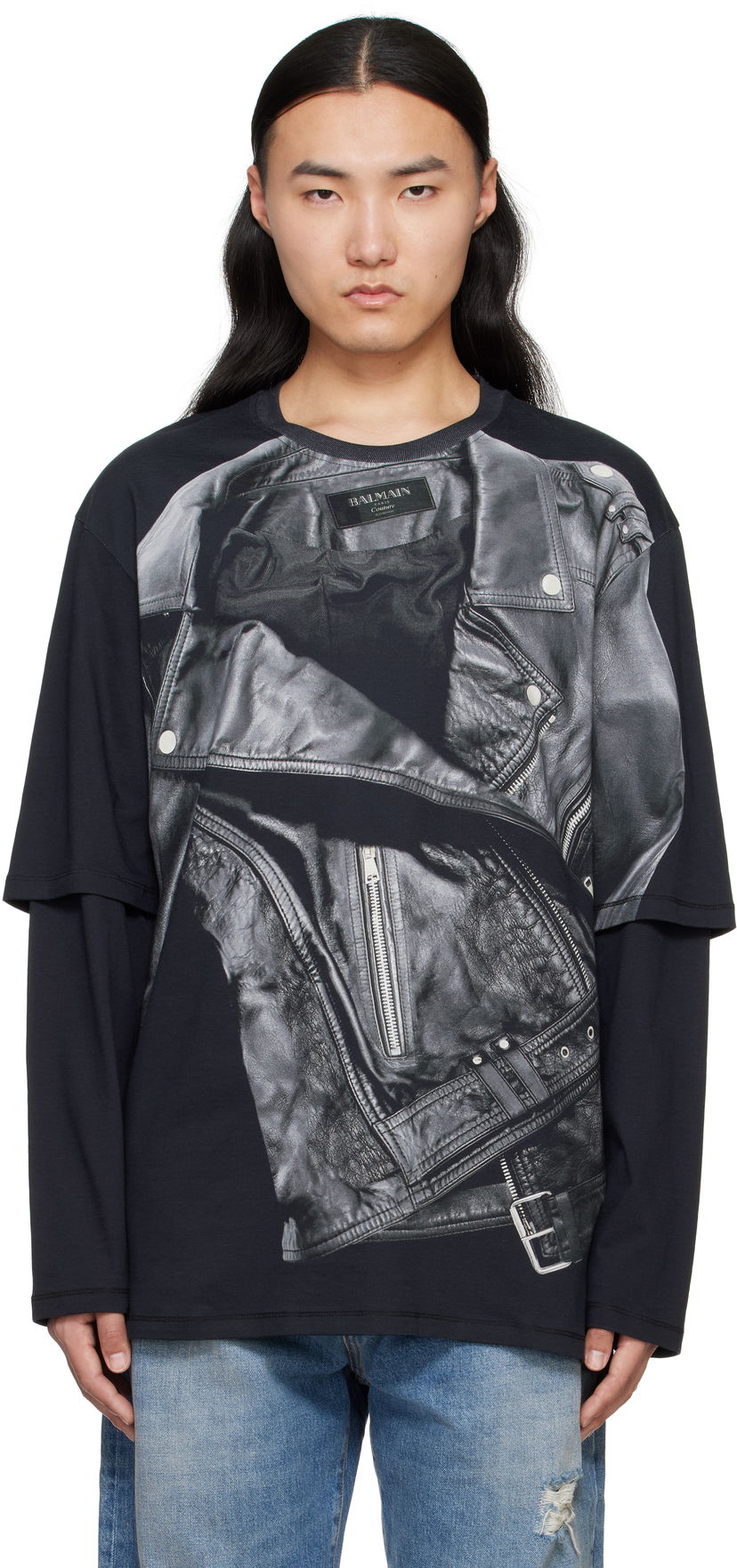 Majica Balmain Balmain Long Sleeve Biker Jacket Graphic T-Shirt Črna | EH1EM016GE40