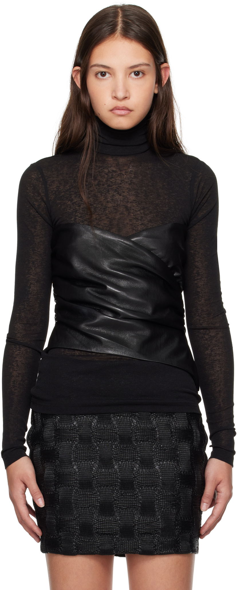 Pleteni pulover Nanushka Nanushka Kynlee Vegan Leather Turtleneck Top Črna | NW24FWTP33600