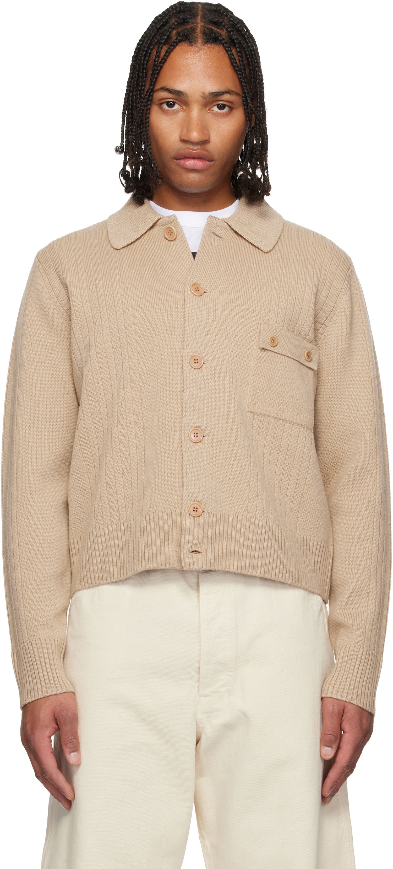 Pleteni pulover Dries Van Noten Collared Rib Knit Wool Cardigan with Patch Pocket Bež | 252-021215-2707, 0