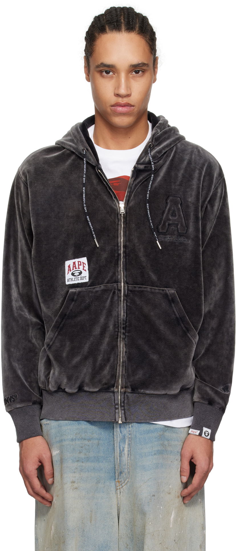 Pulover AAPE by A Bathing Ape AAPE by A Bathing Ape 'AAPE' Logo Velvet Zip-Up Hoodie Siva | AAPSWMC339XXNBKL