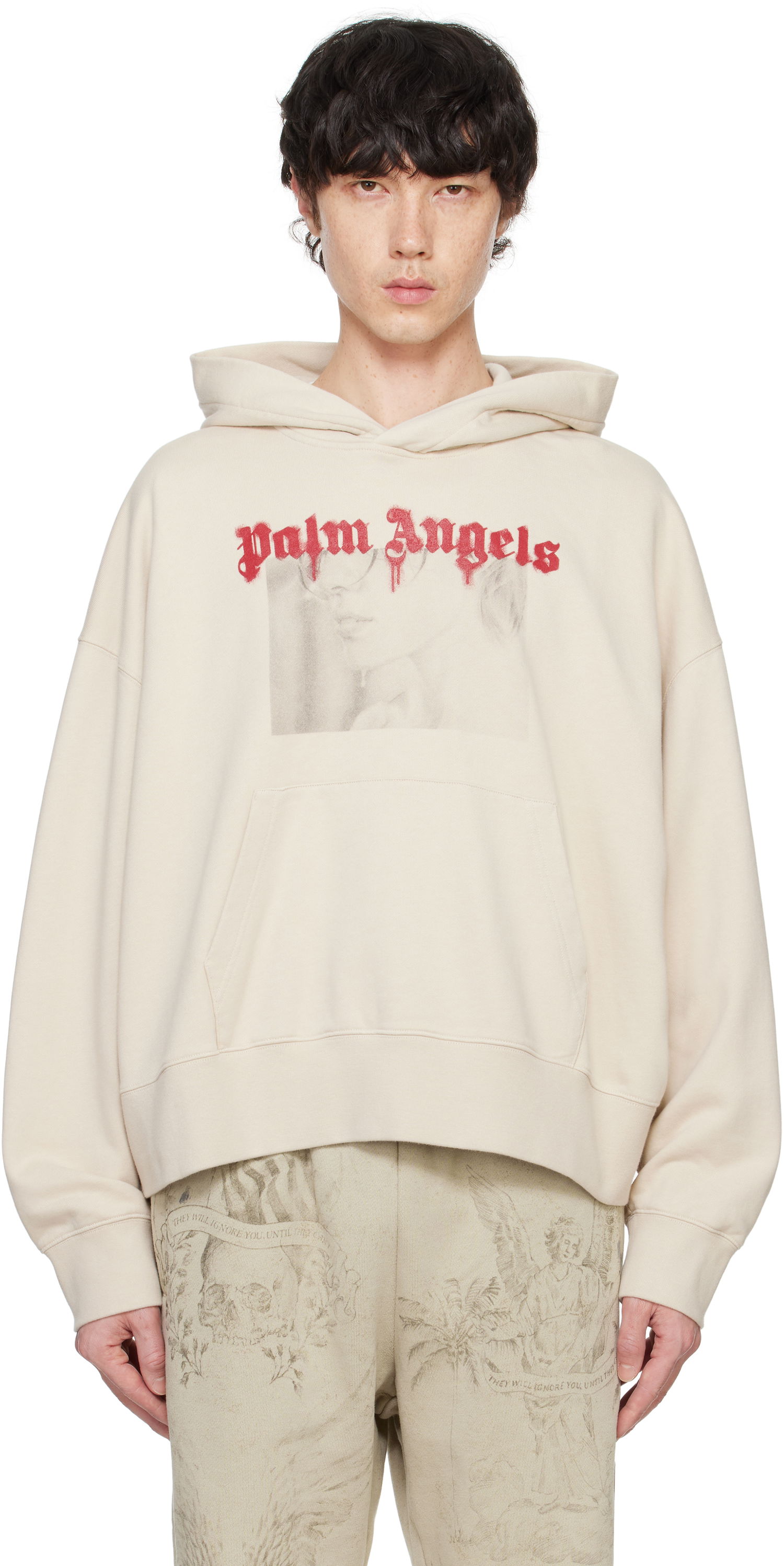 Pulover Palm Angels Portrait Pencil Hoodie Bež | PMBB164F24FLE0016126, 0
