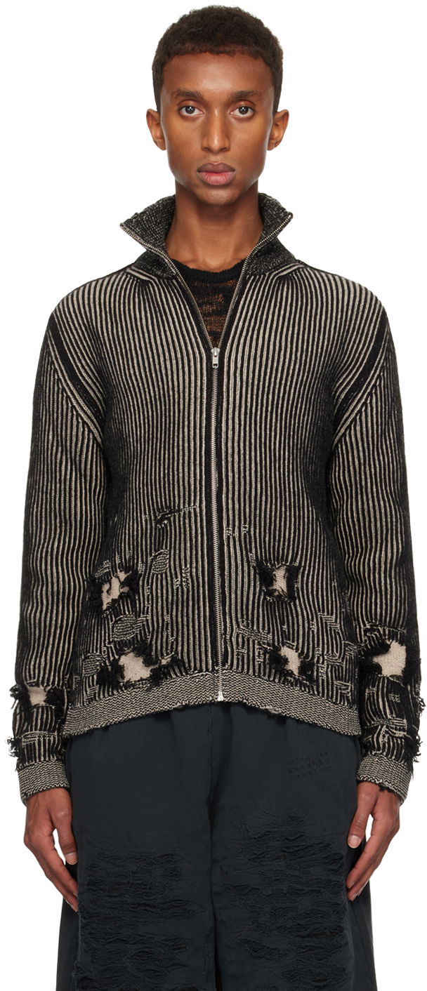 Pleteni pulover Maison Margiela Ribbed Wool Cardigan Črna | SH2AM0016 M13076