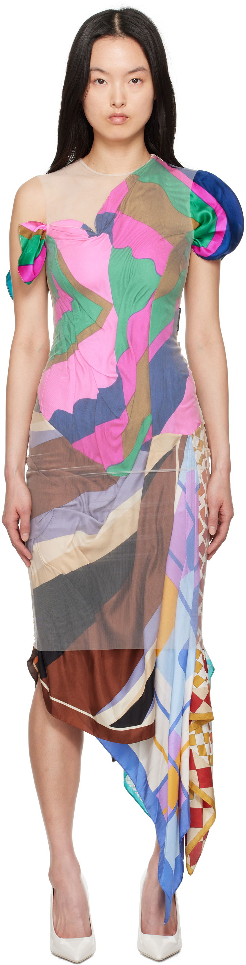 Obleke Marine Serre Marine Serre Regenerated Silk Scarves Fitted Maxi Dress Večbarvna | WDR330A UWOV0028