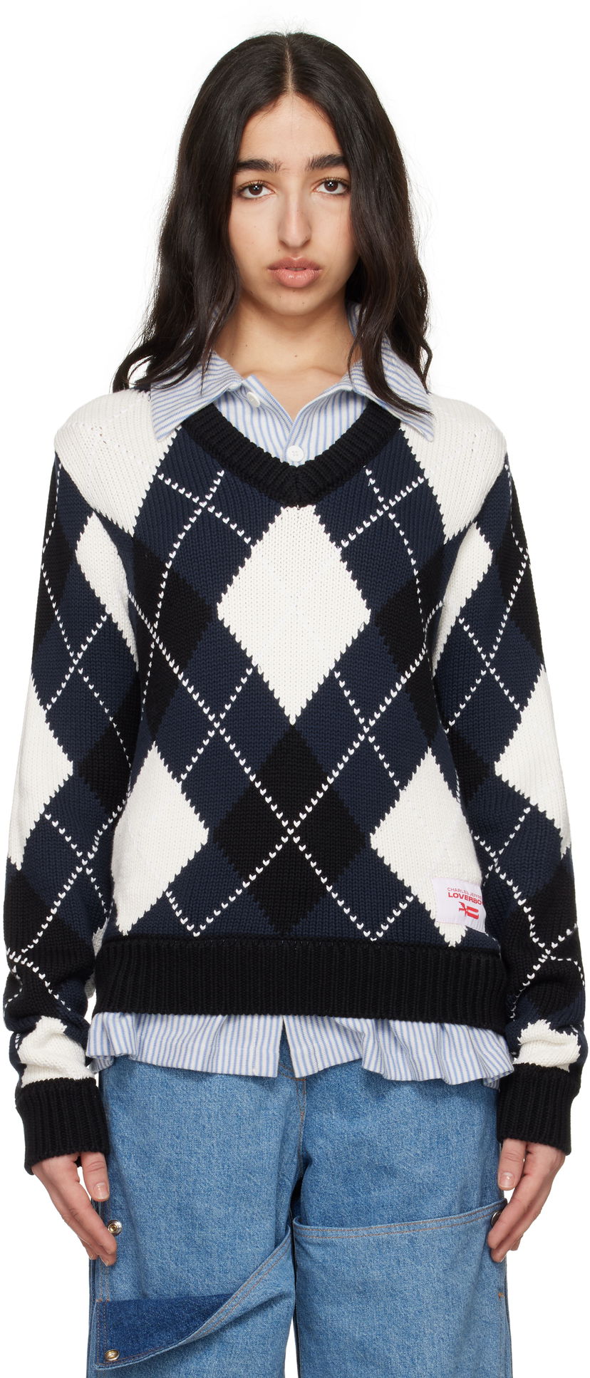 Pleteni pulover Charles Jeffrey Loverboy Charles Jeffrey LOVERBOY Argyle V-Neck Sweater Mornarica | 54091501