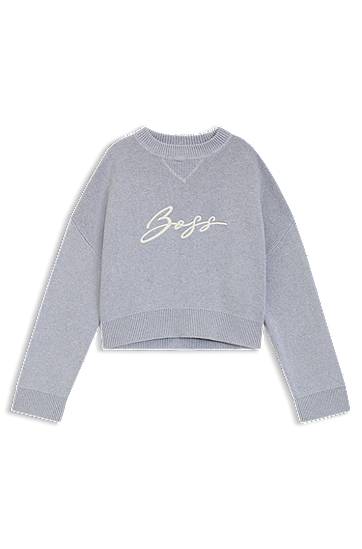 Pleteni pulover BOSS Cropped Cotton Sweater with Embroidered Logo Siva | 50543979