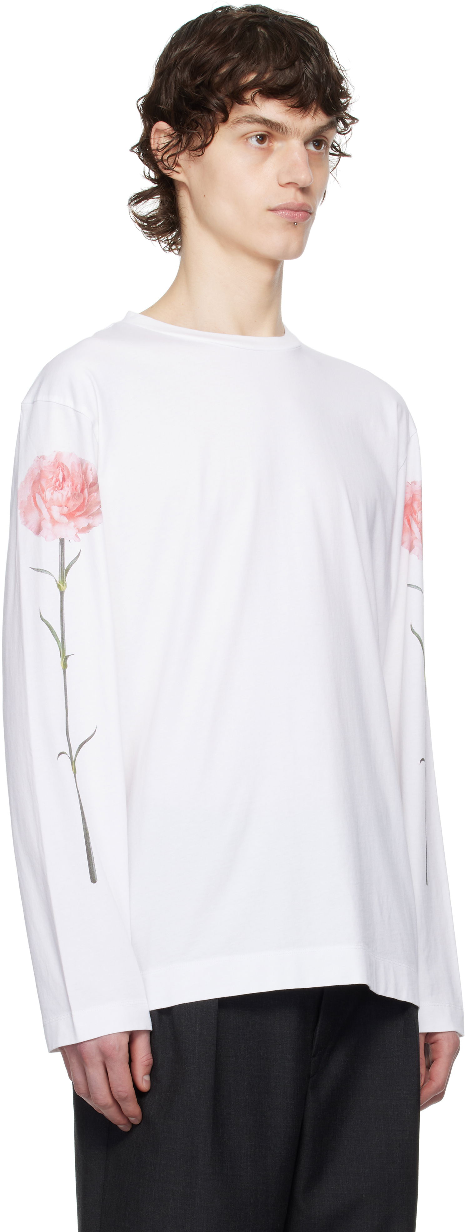 Majica Simone Rocha Simone Rocha Carnation Print Long Sleeve T-Shirt Bela | 5194P32P32A-M 0569, 1
