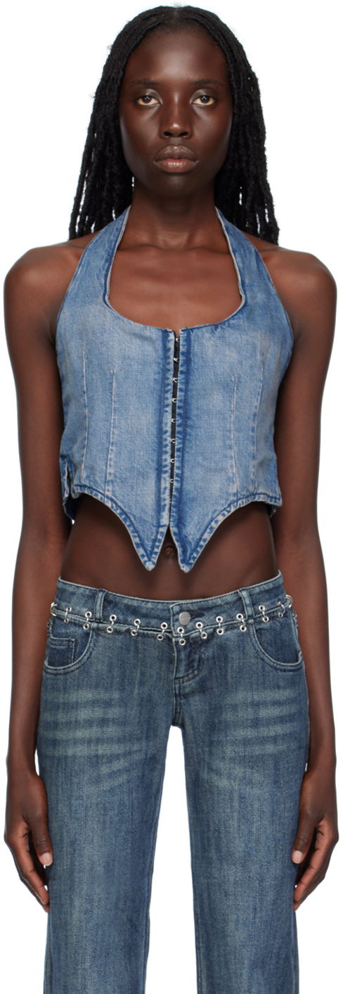 Majica brez rokavov Miaou Miaou Dani Denim Halter Corset Top Modra | 7077SD4ECH