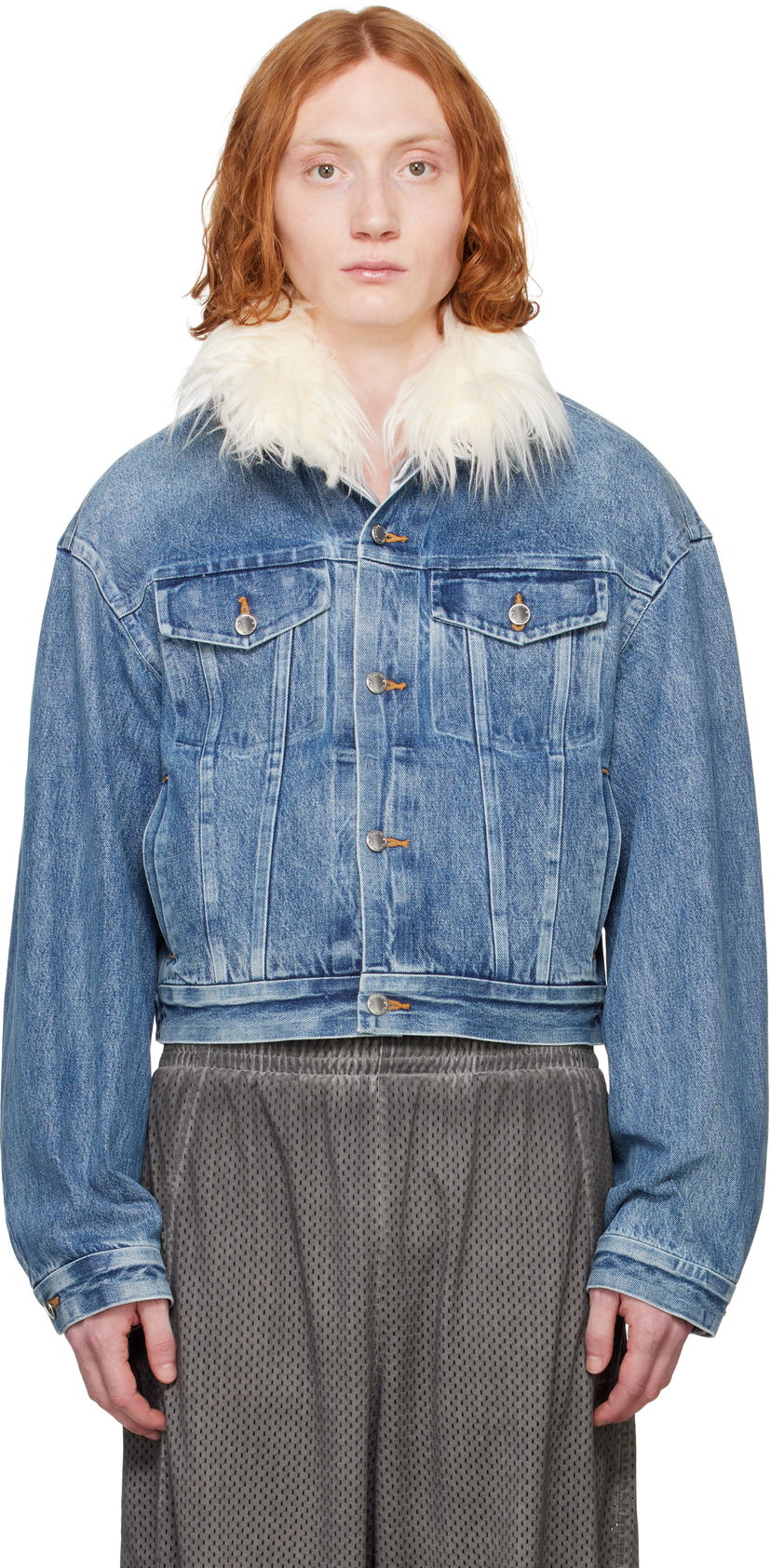 Jakna Alexander Wang Alexander Wang Rounded Trucker Denim Jacket with Faux Fur Collar Modra | 6WC1252066