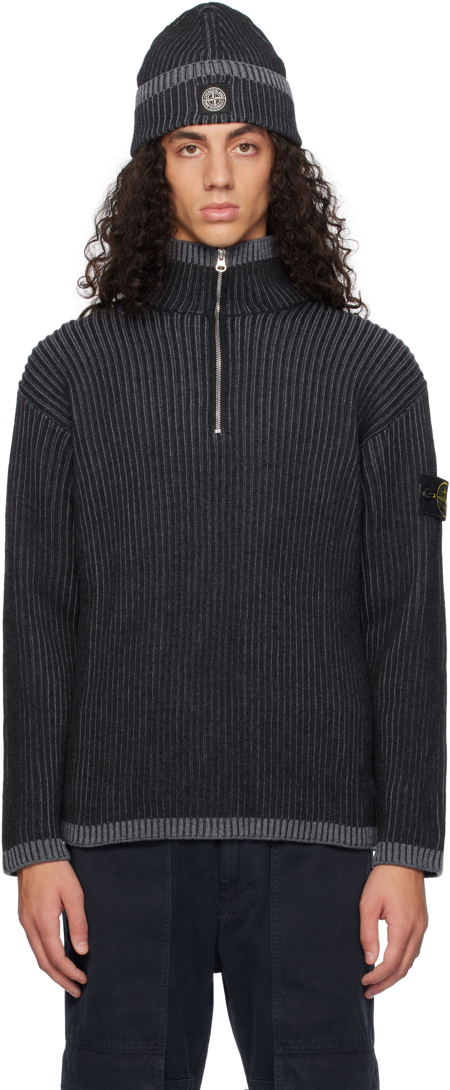 Pleteni pulover Stone Island Stone Island Vanisé Full Rib RWS Wool Quarter-Zip Sweater Črna | 8115516C1, 0