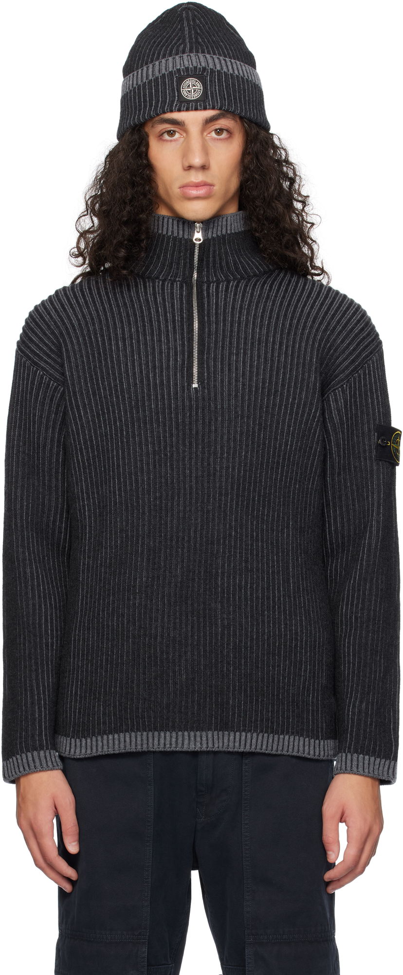 Pleteni pulover Stone Island Stone Island Vanisé Full Rib RWS Wool Quarter-Zip Sweater Črna | 8115516C1