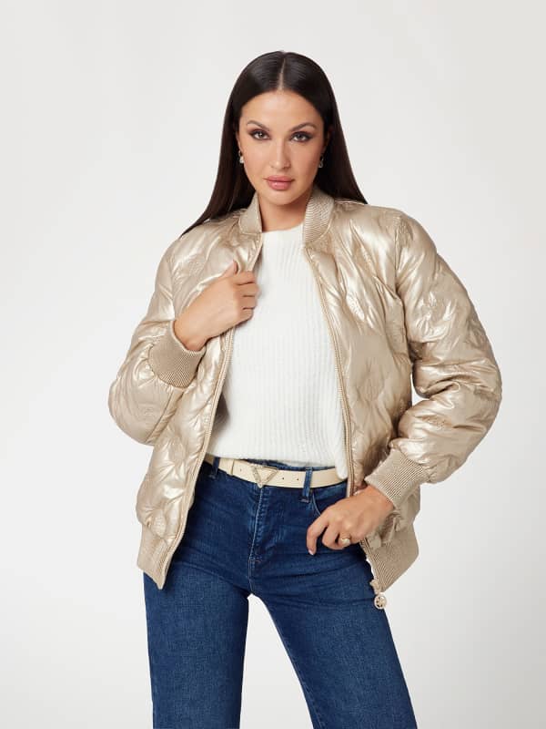 Puhovka GUESS Faux Leather Long Bomber Jacket Bež | W4BL60WGB20