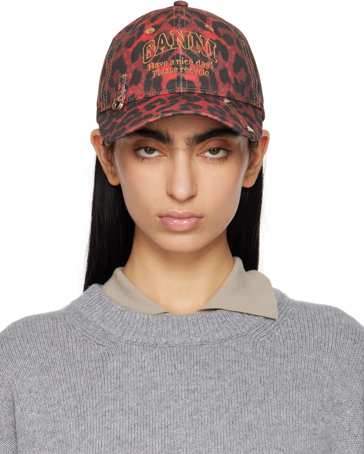 Kapa GANNI GANNI Leopard Print Baseball Cap Rdeča | A6640, 0