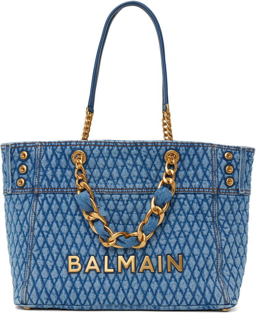 Tote bag Balmain Balmain 1945 Soft Diamond-Quilted Denim Tote Modra | EN1FF827TTSD
