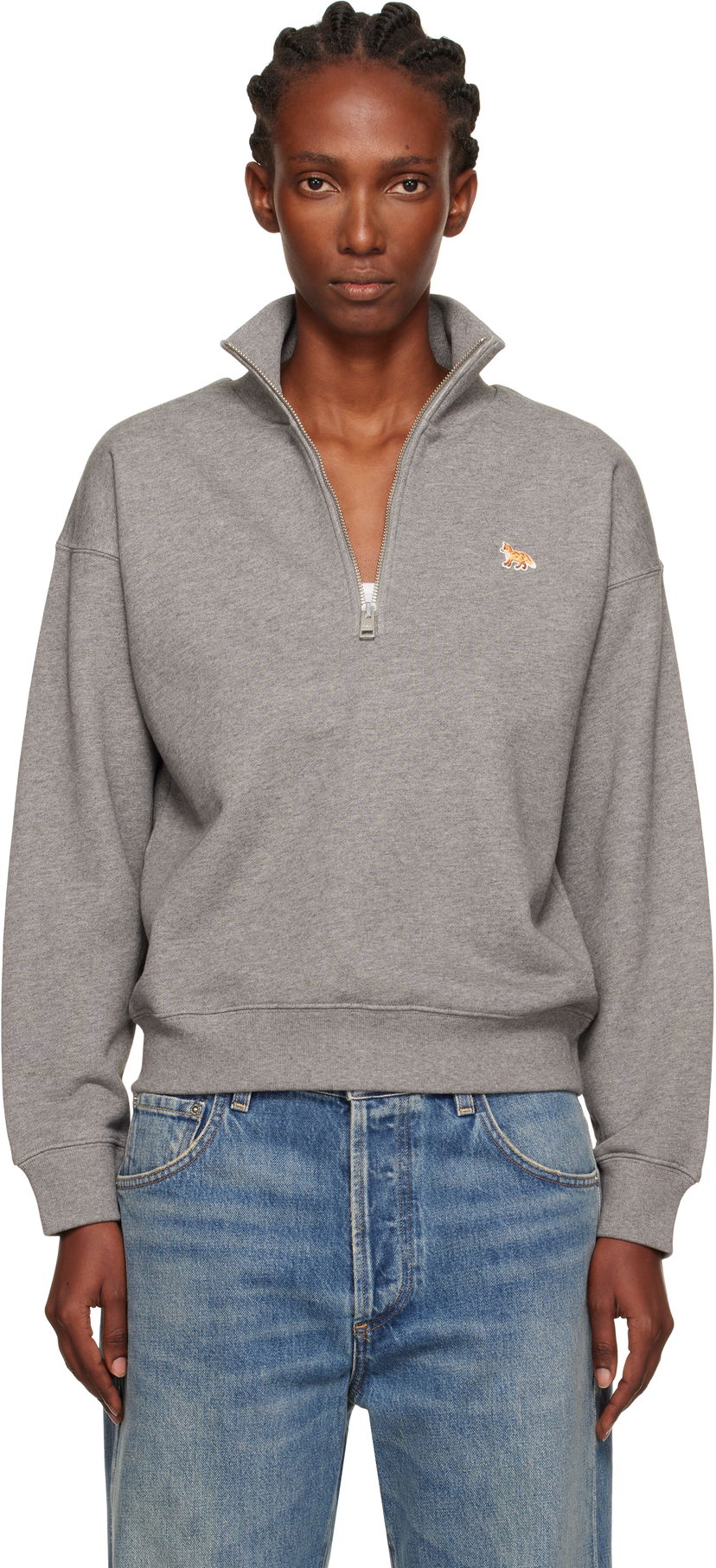 Pulover MAISON KITSUNÉ Maison Kitsuné Half Zip Baby Fox Patch Sweatshirt Siva | PW00308KM0341